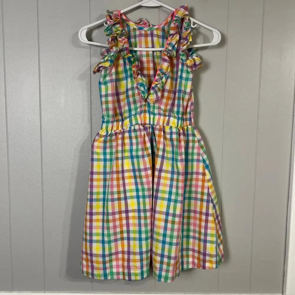 Crewcuts J Crew Girls 10 Rainbow Gingham Madras Ruffle Dress Cotton
